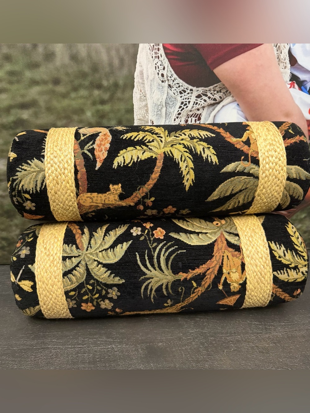 Set of Bolsters NWT Black Tropical Palm Jacquard Pillows